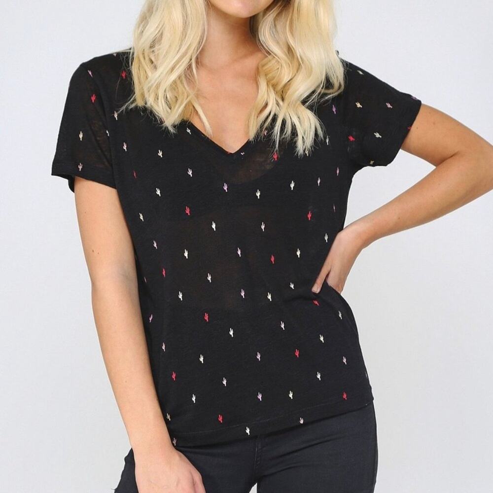 Rails Cara Cactus Tee Black Rainbow Linen Blend V-Neck T-Shirt size Medium